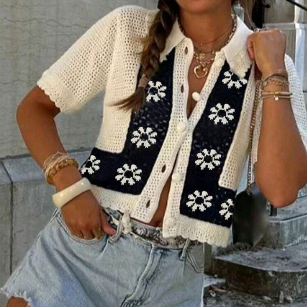 Women's Floral Print Hollow Out Single Breasted Short Sleeve Cardigan - Picture 3 of 6
